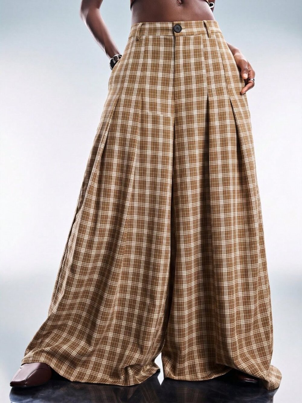 Multicolor Casual Women's Plaid Loose Wide Leg Long Pants - Picture 4 of 6